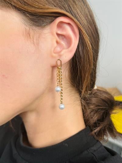Retrobird Dangling Chain and Pearl Detail Gold Color Single Earring