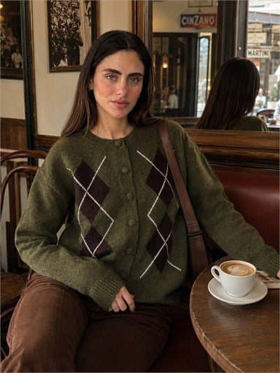 Retrobird Sally Baklava Desenli Düğmeli Haki Triko Hırka