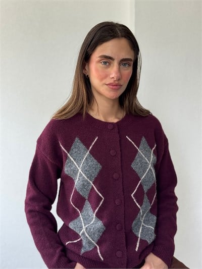 Retrobird Sally Baklava Desenli Düğmeli Bordo Triko Hırka