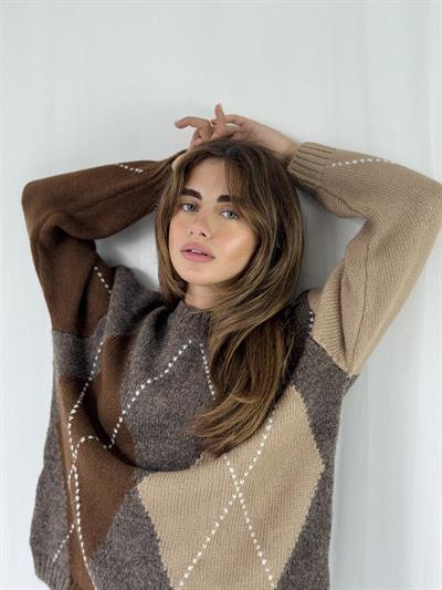 Retrobird Kahve Şardonlu Baklava Dilim Triko Kazak