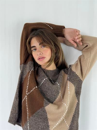 Retrobird Kahve Şardonlu Baklava Dilim Triko Kazak