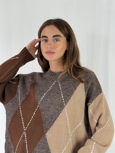 Retrobird Kahve Şardonlu Baklava Dilim Triko Kazak