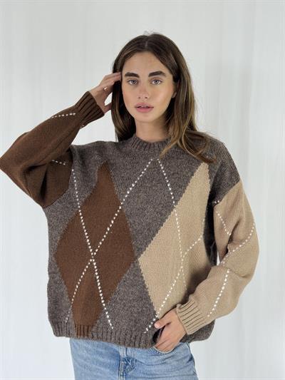 Retrobird Kahve Şardonlu Baklava Dilim Triko Kazak