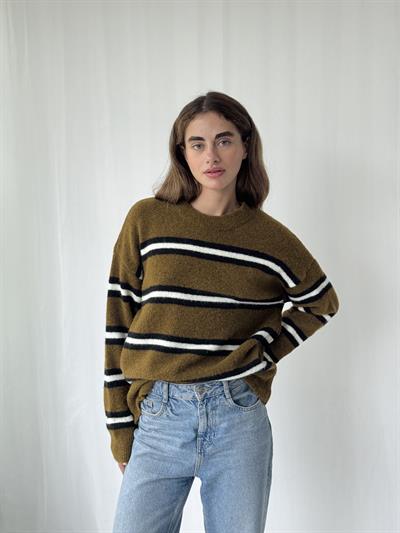 Retrobird Tütün Rengi Şardonlu Çizgili Triko Kazak