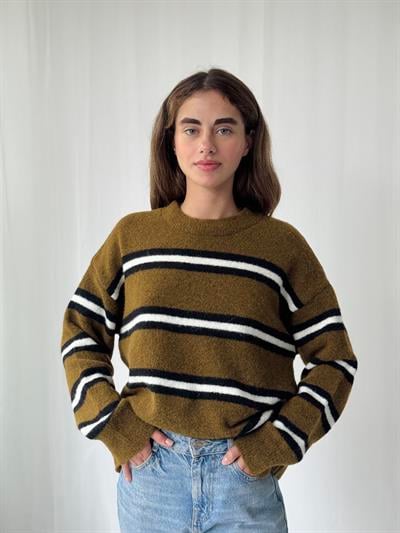 Retrobird Tütün Rengi Şardonlu Çizgili Triko Kazak