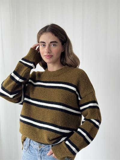 Retrobird Tütün Rengi Şardonlu Çizgili Triko Kazak