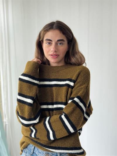 Retrobird Tütün Rengi Şardonlu Çizgili Triko Kazak