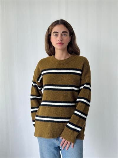 Retrobird Tütün Rengi Şardonlu Çizgili Triko Kazak