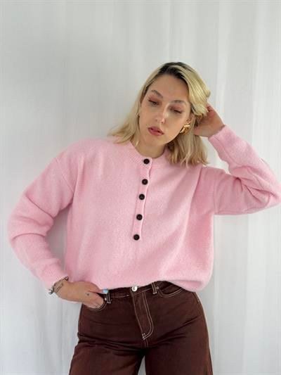 Retrobird Şardonlu Önden Düğmeli Pembe Triko Kazak