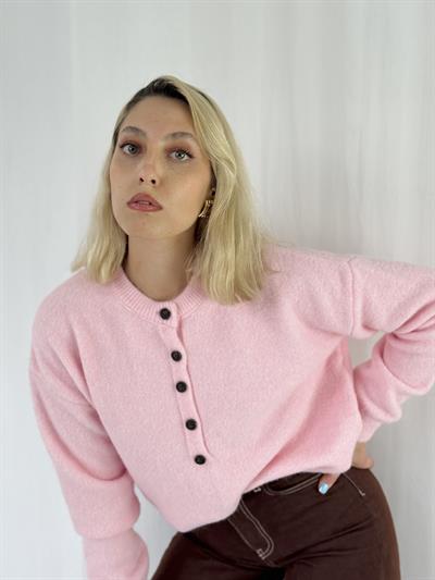 Retrobird Şardonlu Önden Düğmeli Pembe Triko Kazak