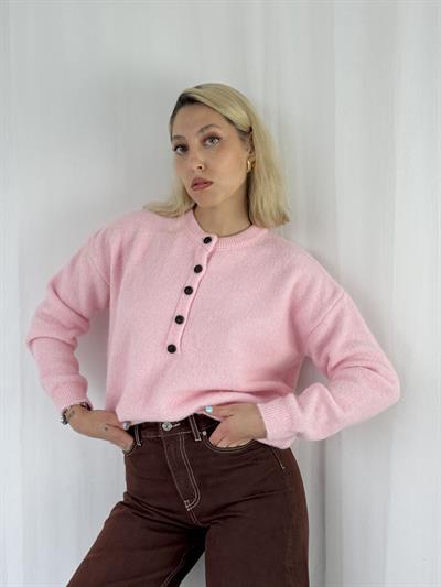 Retrobird Şardonlu Önden Düğmeli Pembe Triko Kazak