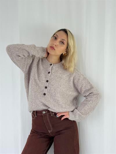 Retrobird Şardonlu Önden Düğmeli Kum Renkli Triko Kazak