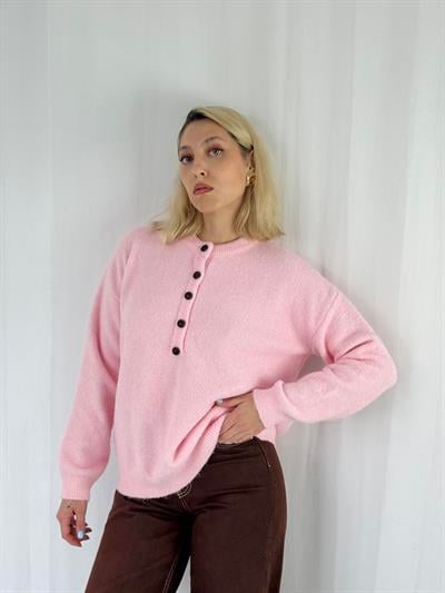 Retrobird Şardonlu Önden Düğmeli Pembe Triko Kazak