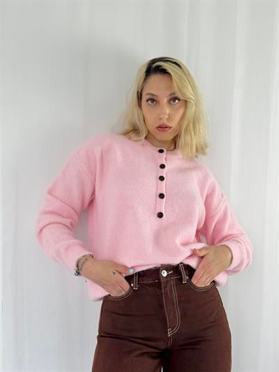 Retrobird Şardonlu Önden Düğmeli Pembe Triko Kazak