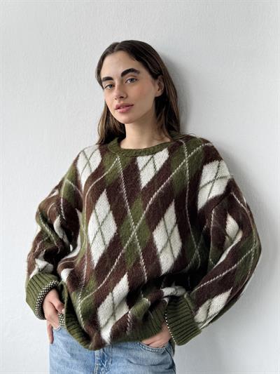 Retrobird Raised Feathered Diamond Slice Khaki Knit Sweater