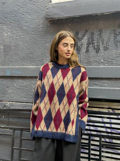 Retrobird Şardonlu Tüylü Baklava Dilim Camel Triko Kazak