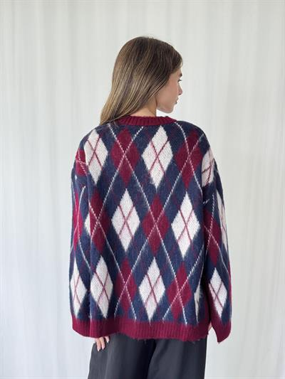 Retrobird Şardonlu Tüylü Baklava Dilim Bordo Triko Kazak