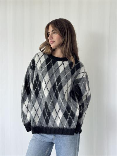 Retrobird Black - White Raised Feathered Diamond Slice Knit Sweater