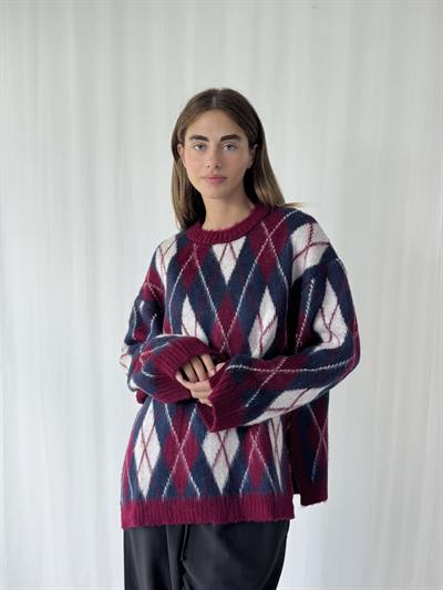 Retrobird Şardonlu Tüylü Baklava Dilim Bordo Triko Kazak