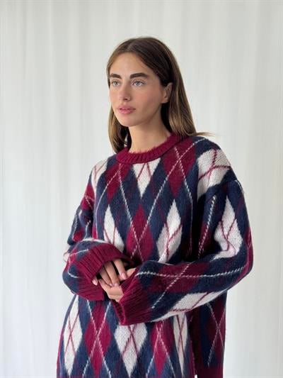 Retrobird Şardonlu Tüylü Baklava Dilim Bordo Triko Kazak