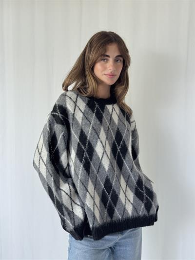 Retrobird Black - White Raised Feathered Diamond Slice Knit Sweater