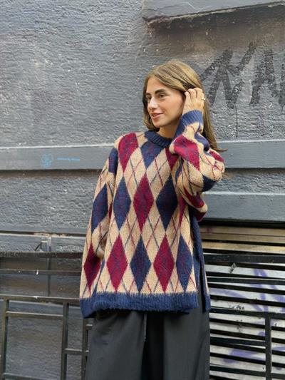 Retrobird Şardonlu Tüylü Baklava Dilim Camel Triko Kazak