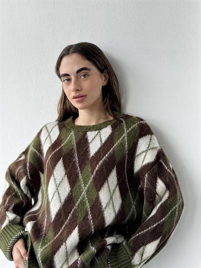 Retrobird Raised Feathered Diamond Slice Khaki Knit Sweater