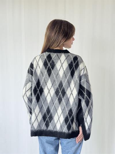 Retrobird Black - White Raised Feathered Diamond Slice Knit Sweater