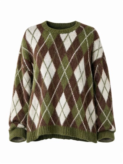 Retrobird Raised Feathered Diamond Slice Khaki Knit Sweater