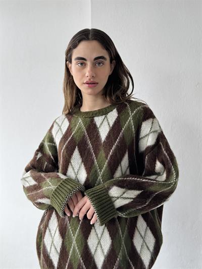 Retrobird Raised Feathered Diamond Slice Khaki Knit Sweater