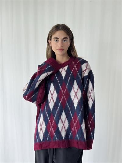 Retrobird Şardonlu Tüylü Baklava Dilim Bordo Triko Kazak