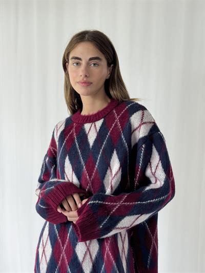 Retrobird Şardonlu Tüylü Baklava Dilim Bordo Triko Kazak