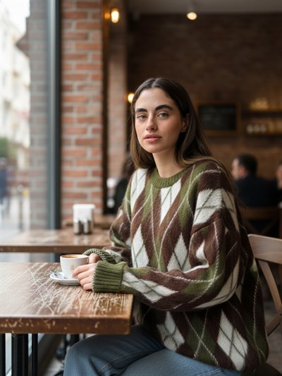 Retrobird Raised Feathered Diamond Slice Khaki Knit Sweater