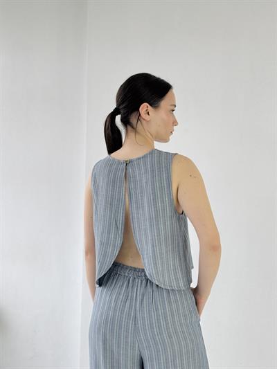 Retrobird Sırtı Açık Kısa Kül Mavi Bluz Üst