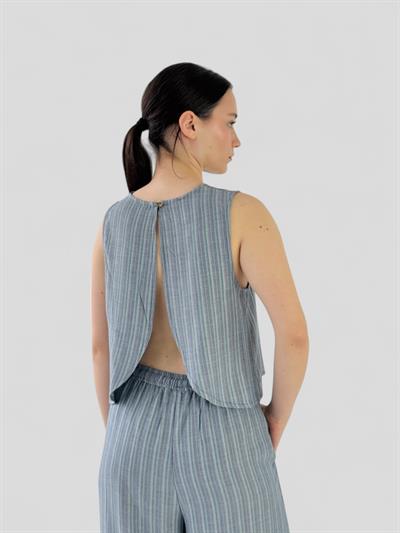 Retrobird Sırtı Açık Kısa Kül Mavi Bluz Üst