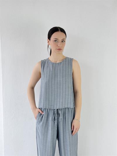 Retrobird Sırtı Açık Kısa Kül Mavi Bluz Üst