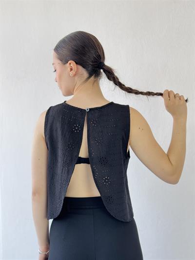 Retrobird Sırtı Açık Siyah Kısa Üst