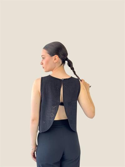 Retrobird Sırtı Açık Siyah Kısa Üst