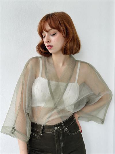 Retrobird Khaki Organza Design Mini Kimono