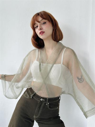 Retrobird Khaki Organza Design Mini Kimono