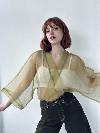 Retrobird Light Green Organza Design Mini Kimono