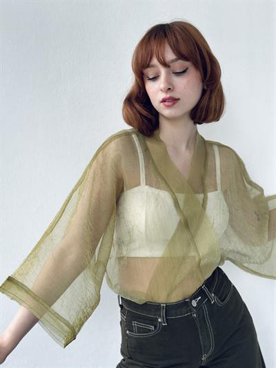 Retrobird Light Green Organza Design Mini Kimono