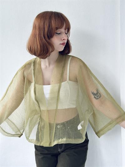 Retrobird Light Green Organza Design Mini Kimono