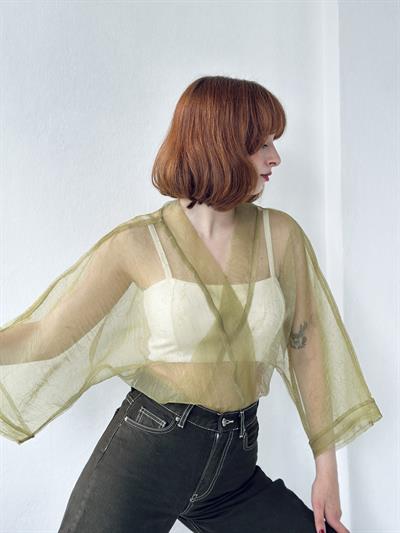 Retrobird Light Green Organza Design Mini Kimono