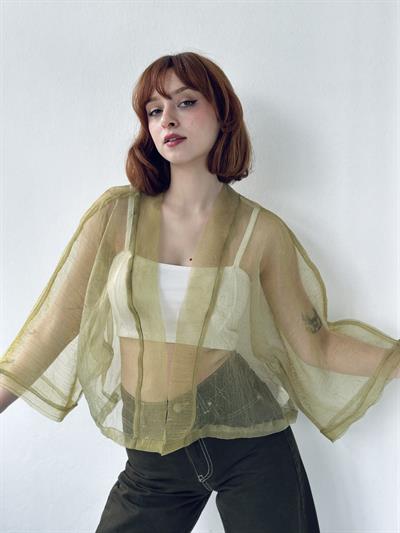 Retrobird Light Green Organza Design Mini Kimono