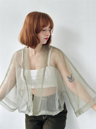 Retrobird Khaki Organza Design Mini Kimono