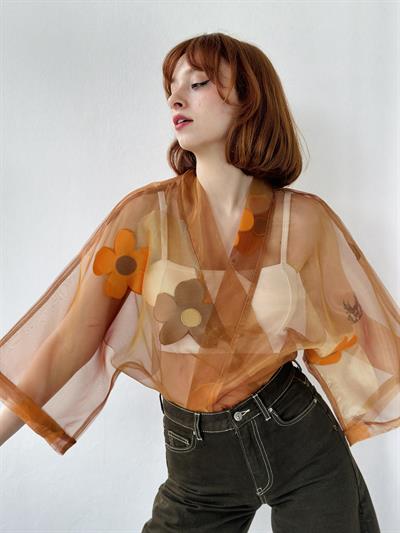 Retrobird Cinnamon Color Organza Design Mini Kimono