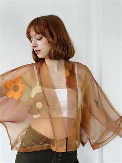 Retrobird Cinnamon Color Organza Design Mini Kimono