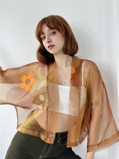 Retrobird Cinnamon Color Organza Design Mini Kimono