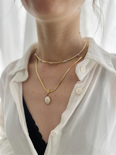 Retrobird Stone Detailed Gold Color Steel Necklace